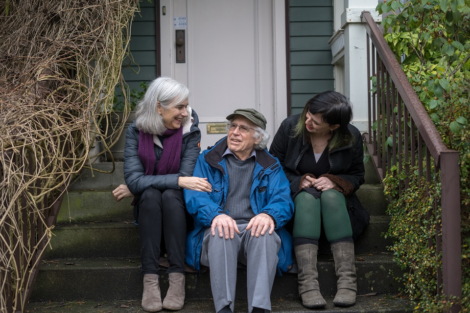 Charlotte Schallié (left), a UVic scholar and Holocaust historian who is leading the graphic novel project, with Schaffer and Libicki at his home in Vancouver (Jan. 3, 2020). Credit: Mike Morash.